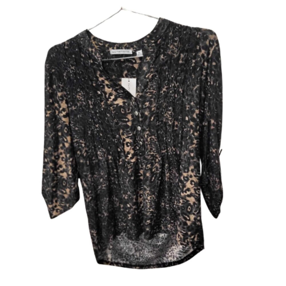 Notations Women’s Black Leopard Print Sheer Blouse 3/4 Sleeve Nwt